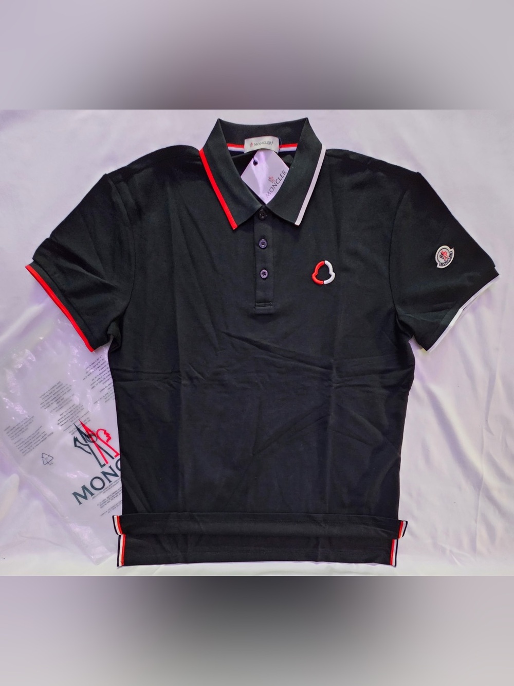 Moncler Black Polo with Red and White Trim